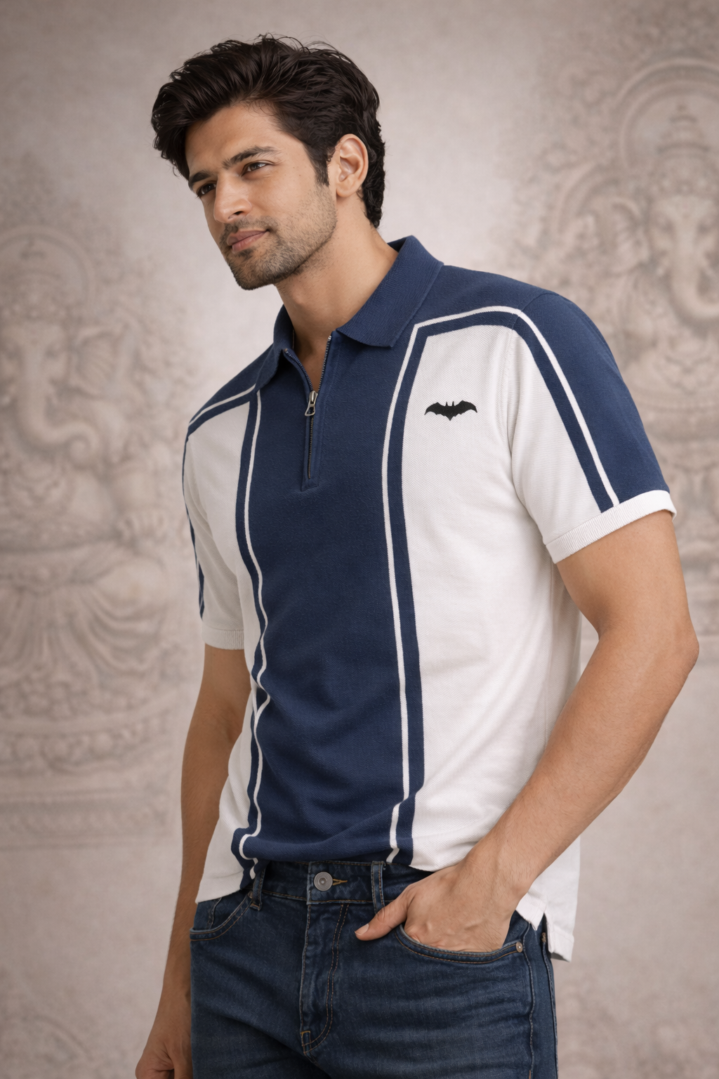 Navy & White Zip-Neck Polo T-Shirt