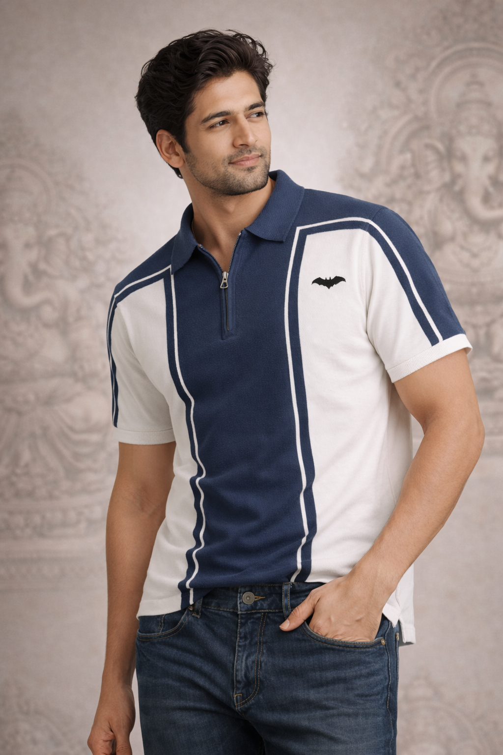 Navy & White Zip-Neck Polo T-Shirt