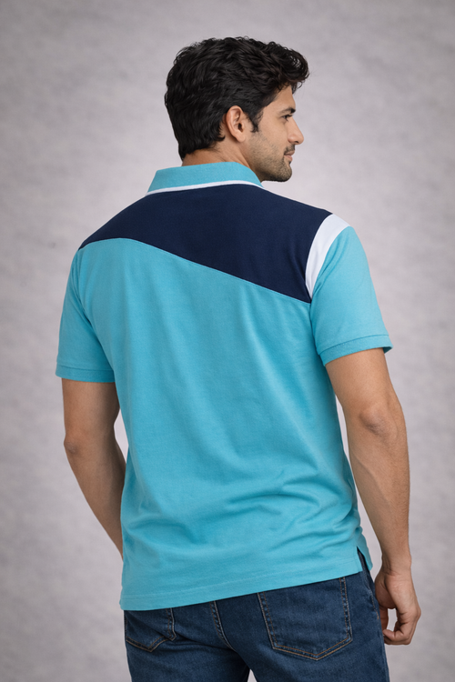 Aqua Blue Colorblock Polo T-Shirt