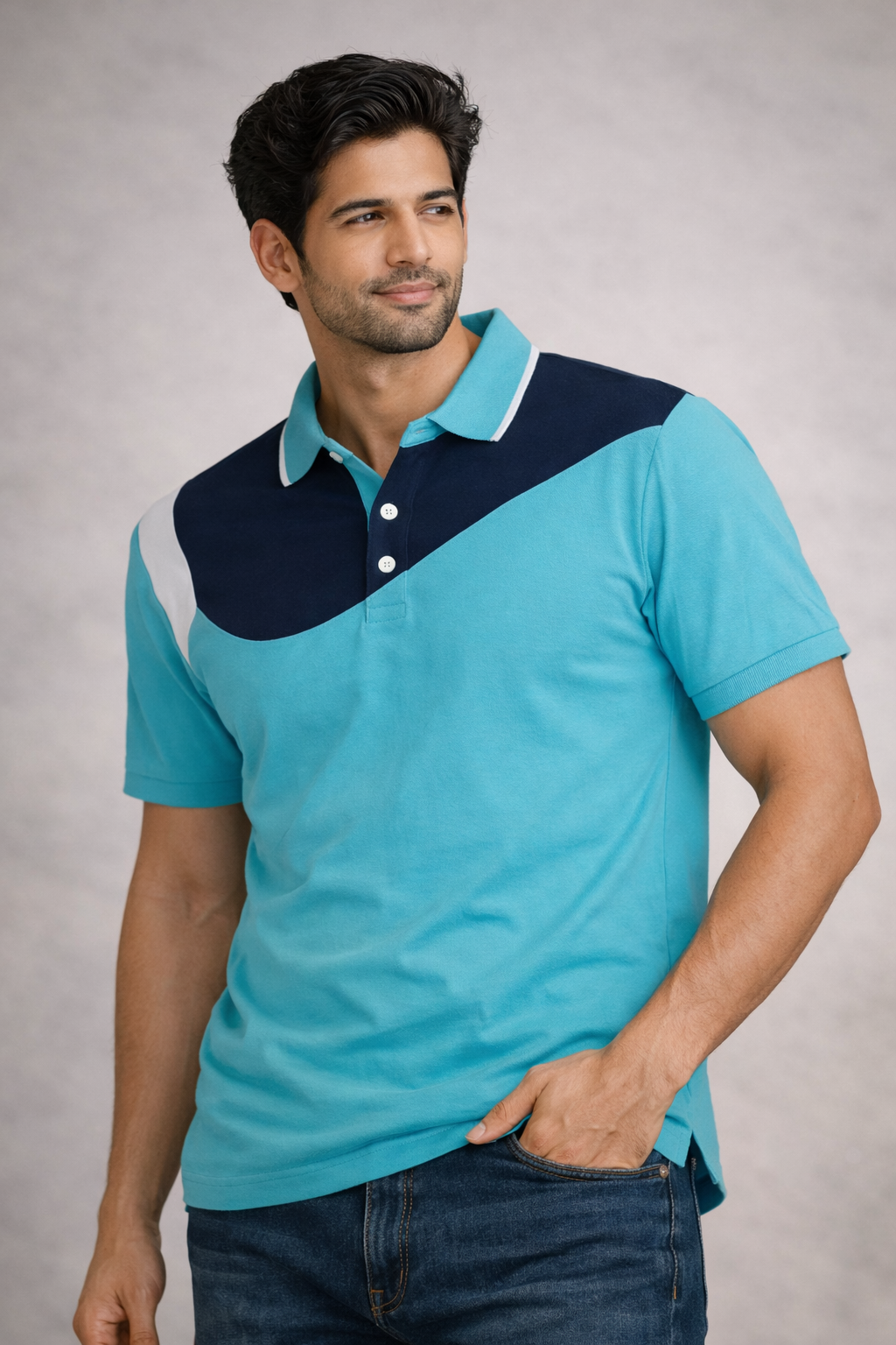 Aqua Blue Colorblock Polo T-Shirt