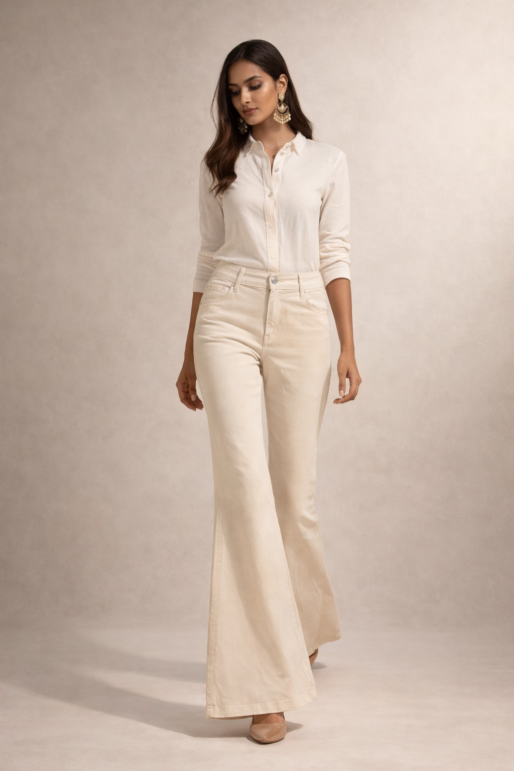 High-Waist Beige Bell Bottom Flared Pants