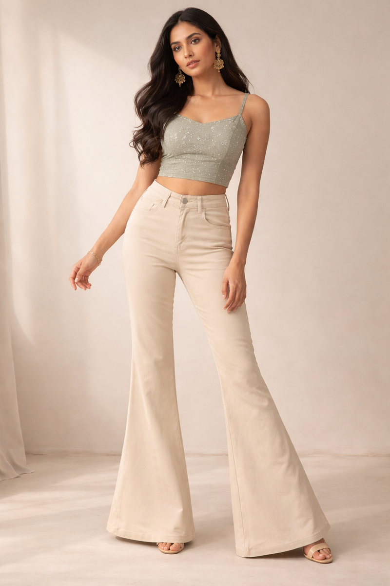 High-Waist Beige Bell Bottom Flared Pants