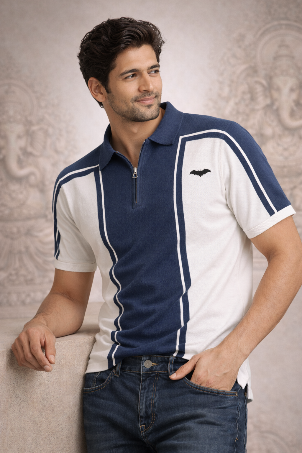 Navy & White Zip-Neck Polo T-Shirt